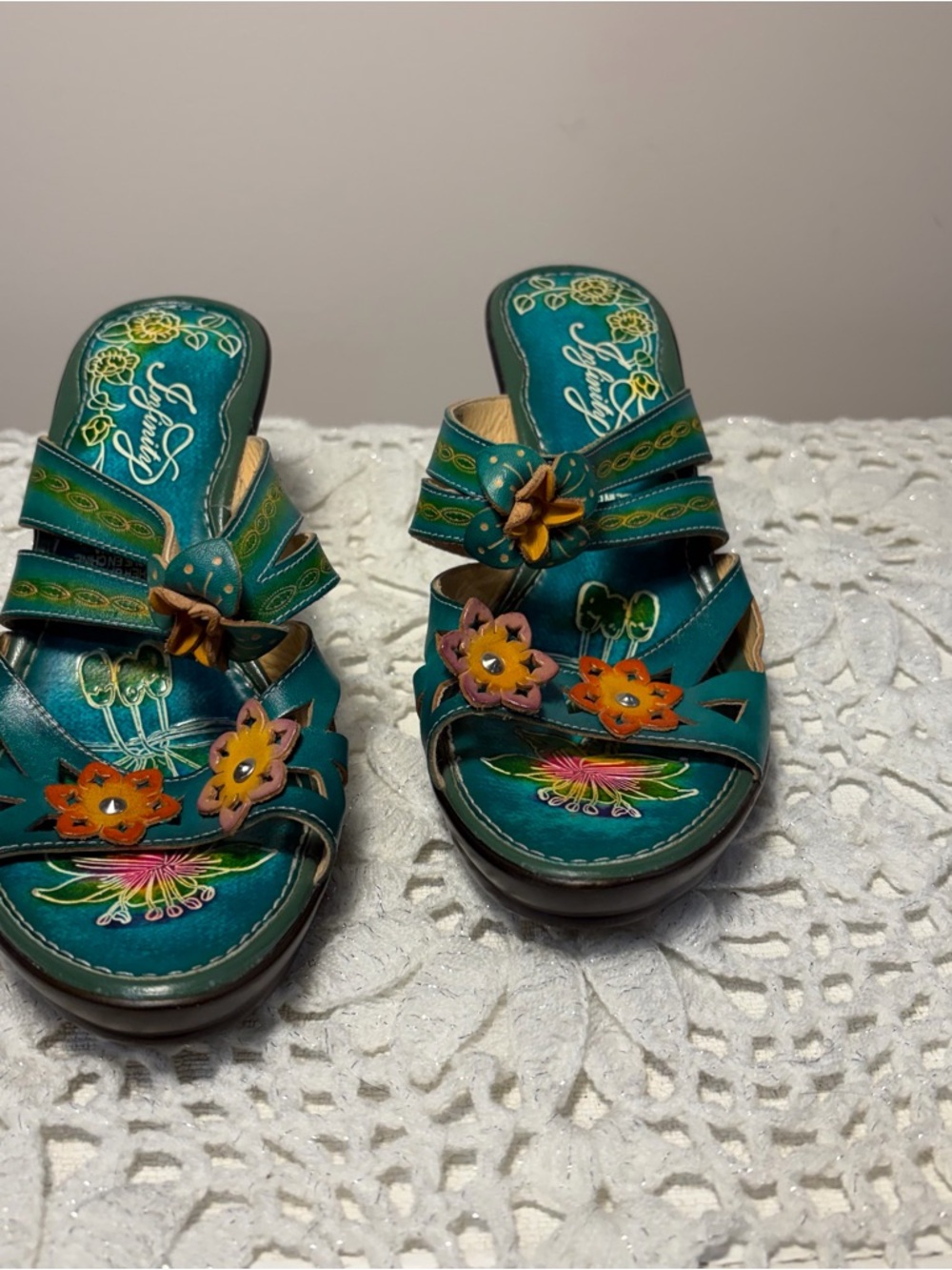 Source Unknown Teal Floral Leather Slide Mules
